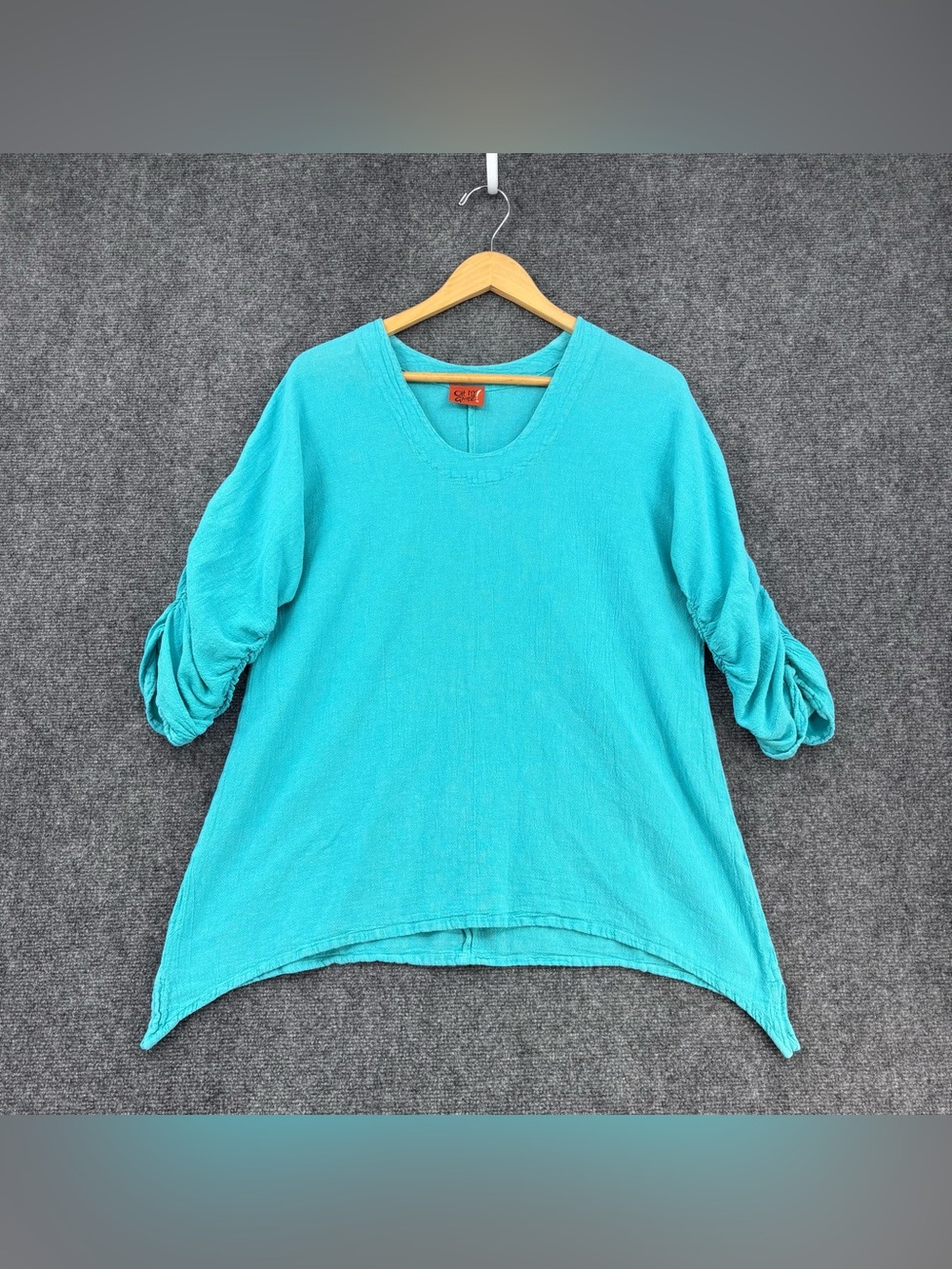 Oh My Gauze Turquoise Coastal Lagenlook Tunic Top Ruched Sleeves Women’s S/M